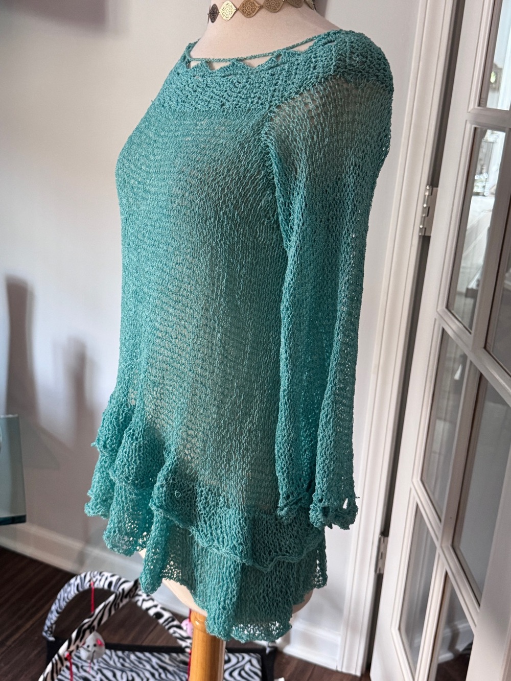 Teal Open Weave Ruffled Knit Tunic Sweater